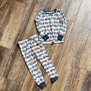 Caden Lane Cream Pajama Set with Multi-Color Tractors and Navy Trim